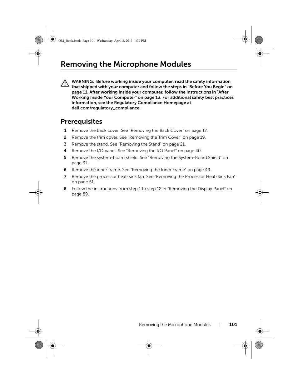 Removing the microphone modules, Prerequisites | Dell XPS One 2720 (Mid 2013) User Manual | Page 101 / 117