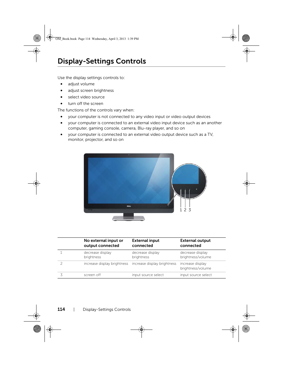 Display-settings controls | Dell XPS One 2720 (Mid 2013) User Manual | Page 114 / 117