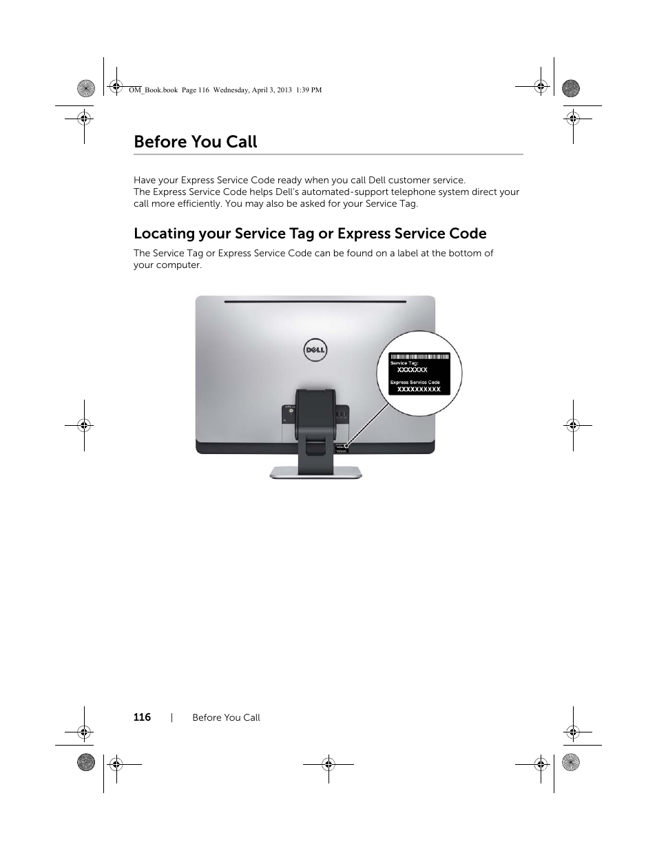 Before you call, Locating your service tag or express service code | Dell XPS One 2720 (Mid 2013) User Manual | Page 116 / 117