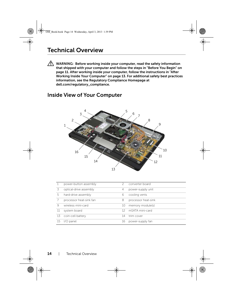 Technical overview, Inside view of your computer | Dell XPS One 2720 (Mid 2013) User Manual | Page 14 / 117