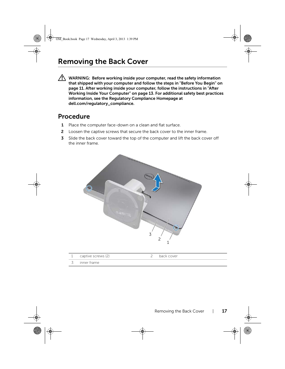 Removing the back cover, Procedure | Dell XPS One 2720 (Mid 2013) User Manual | Page 17 / 117