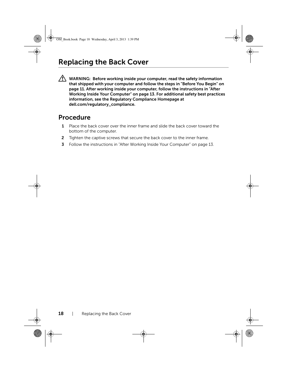 Replacing the back cover, Procedure | Dell XPS One 2720 (Mid 2013) User Manual | Page 18 / 117