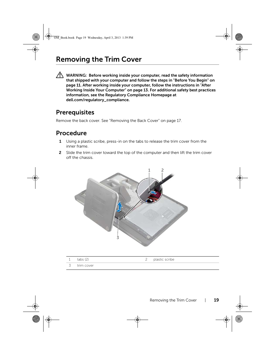 Removing the trim cover, Prerequisites, Procedure | Dell XPS One 2720 (Mid 2013) User Manual | Page 19 / 117