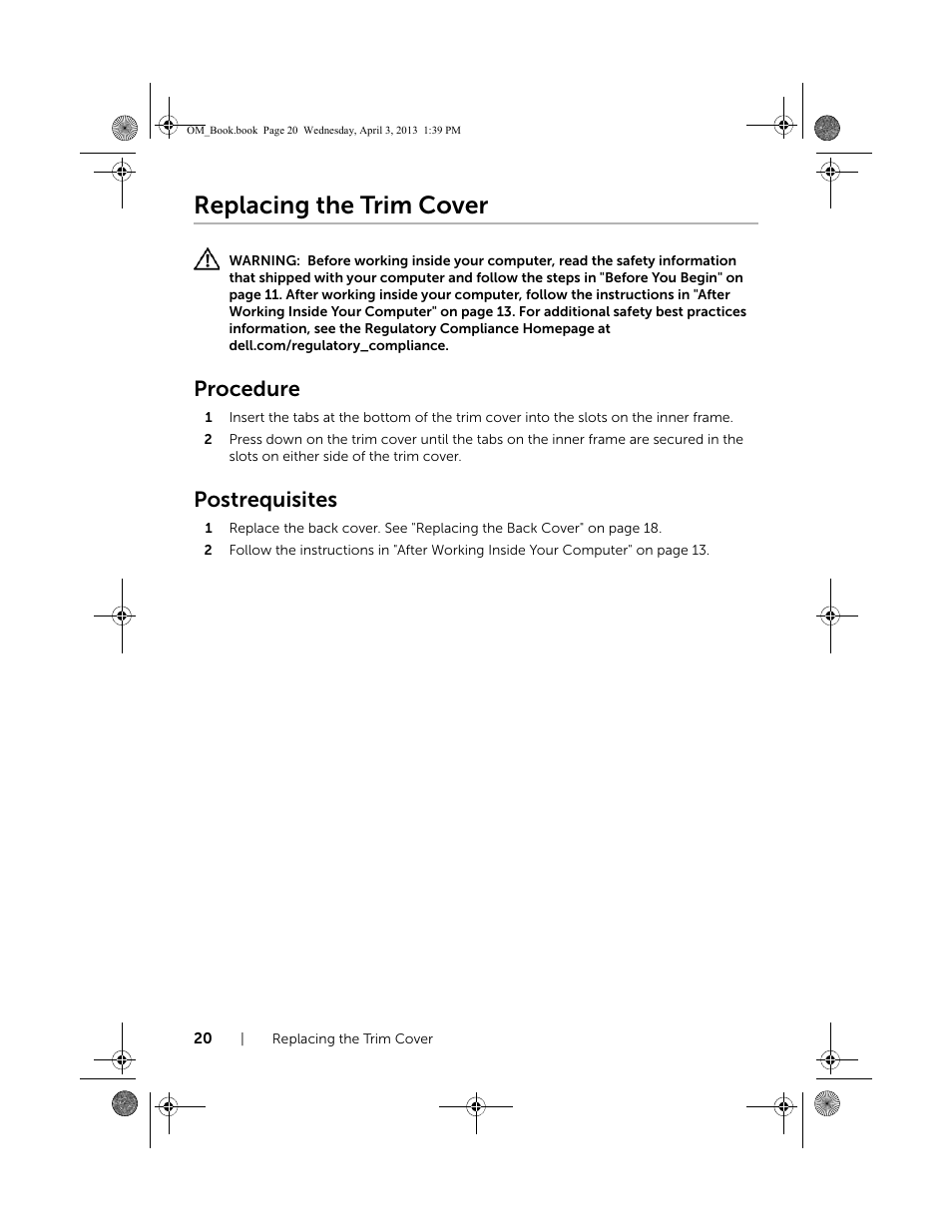 Replacing the trim cover, Procedure, Postrequisites | Dell XPS One 2720 (Mid 2013) User Manual | Page 20 / 117