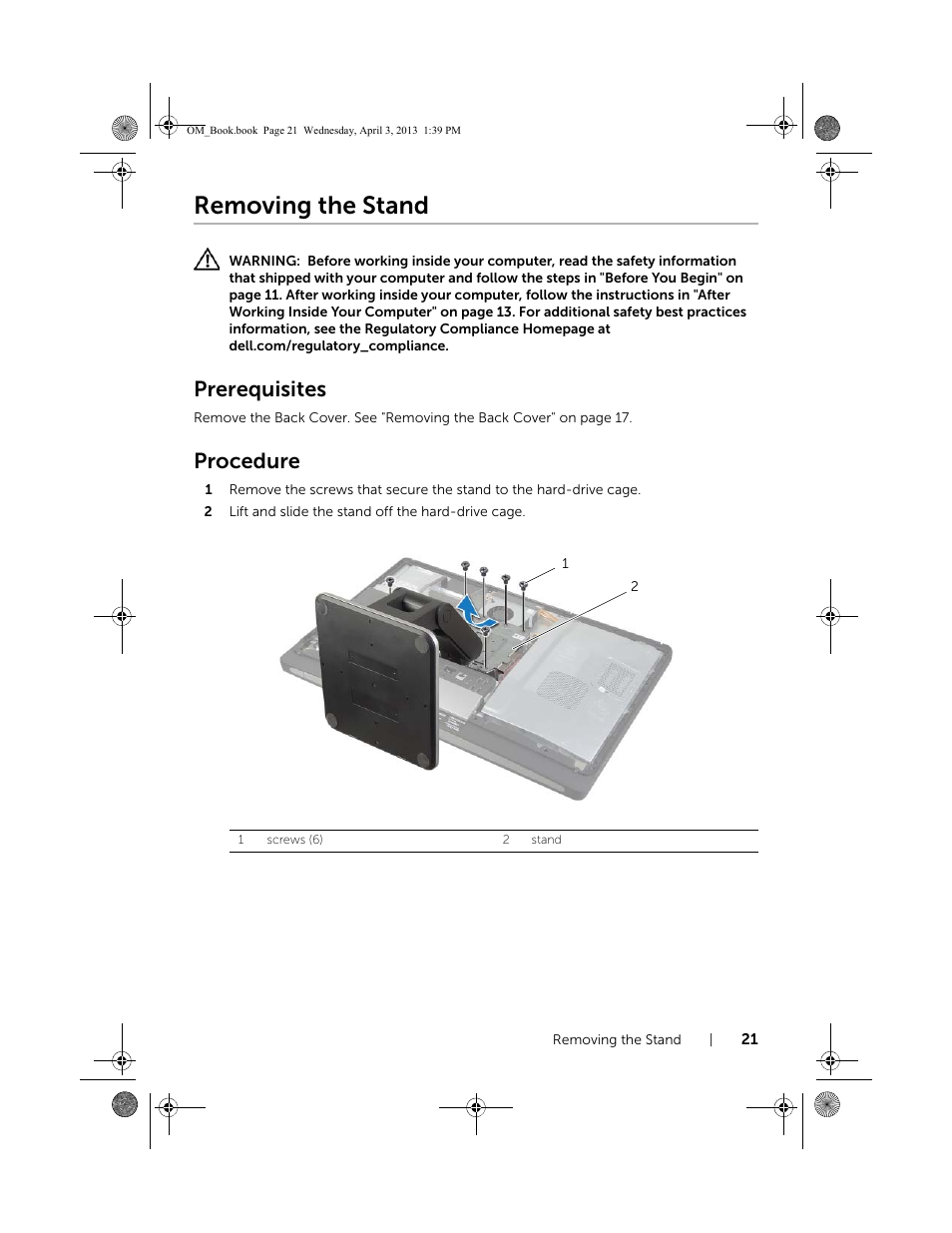 Removing the stand, Prerequisites, Procedure | Dell XPS One 2720 (Mid 2013) User Manual | Page 21 / 117