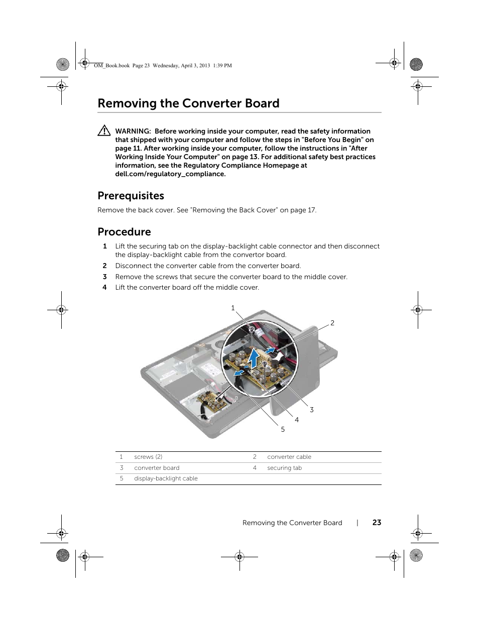 Removing the converter board, Prerequisites, Procedure | Dell XPS One 2720 (Mid 2013) User Manual | Page 23 / 117