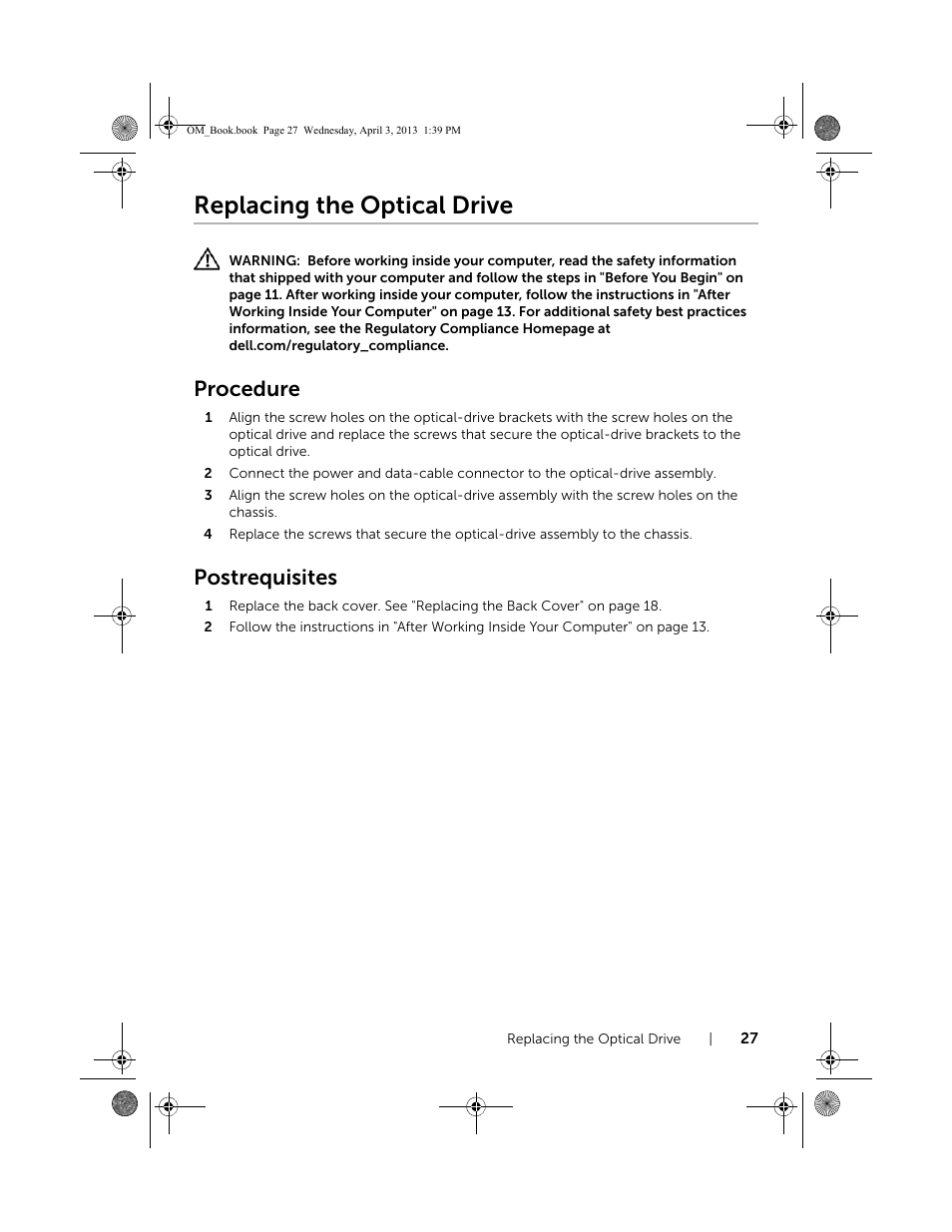 Replacing the optical drive, Procedure, Postrequisites | Dell XPS One 2720 (Mid 2013) User Manual | Page 27 / 117