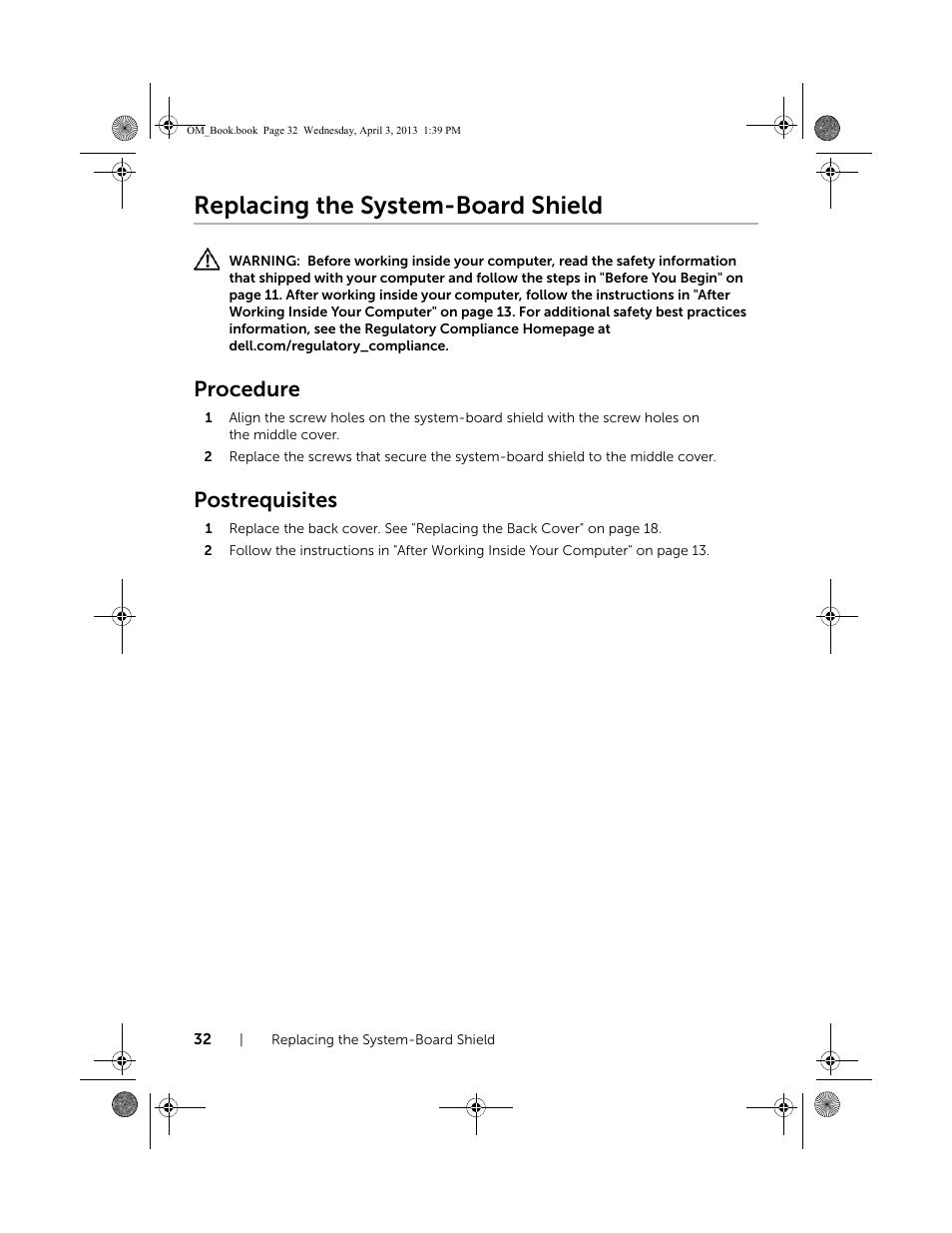 Replacing the system-board shield, Procedure, Postrequisites | Dell XPS One 2720 (Mid 2013) User Manual | Page 32 / 117
