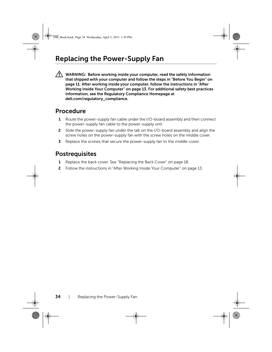 Replacing the power-supply fan, Procedure, Postrequisites | Dell XPS One 2720 (Mid 2013) User Manual | Page 34 / 117