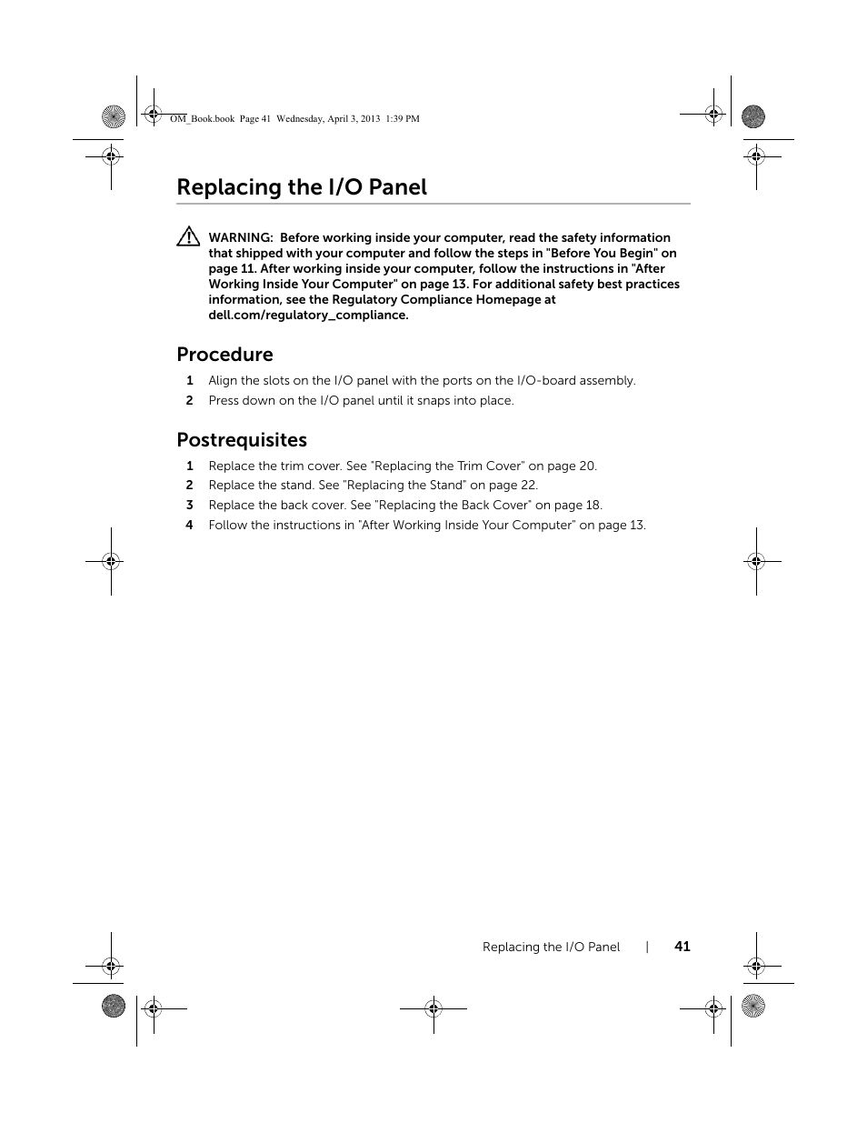 Replacing the i/o panel, Procedure, Postrequisites | Dell XPS One 2720 (Mid 2013) User Manual | Page 41 / 117