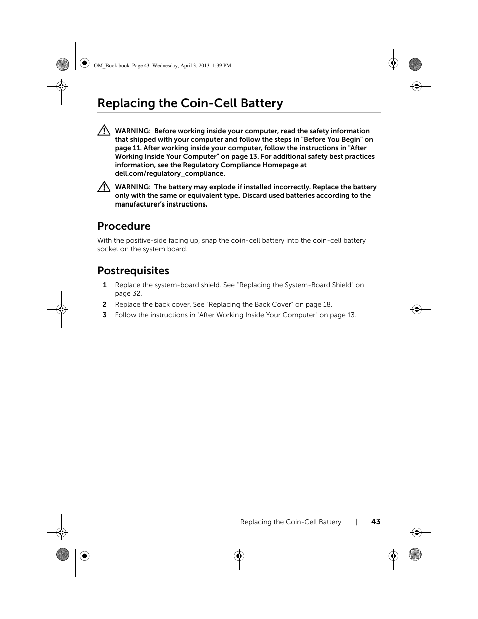 Replacing the coin-cell battery, Procedure, Postrequisites | Dell XPS One 2720 (Mid 2013) User Manual | Page 43 / 117