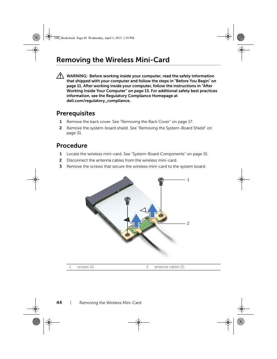 Removing the wireless mini-card, Prerequisites, Procedure | Dell XPS One 2720 (Mid 2013) User Manual | Page 44 / 117