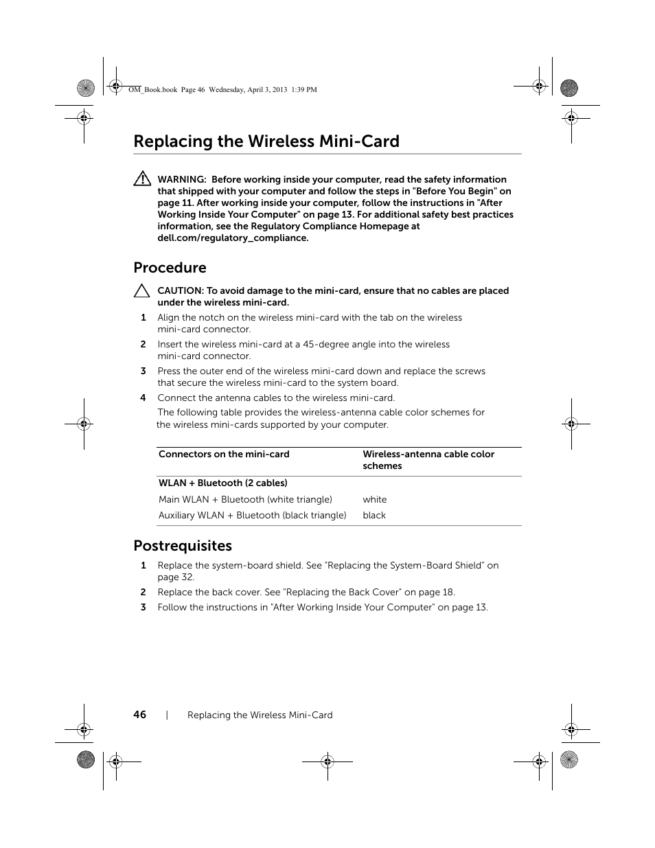 Replacing the wireless mini-card, Procedure, Postrequisites | Dell XPS One 2720 (Mid 2013) User Manual | Page 46 / 117
