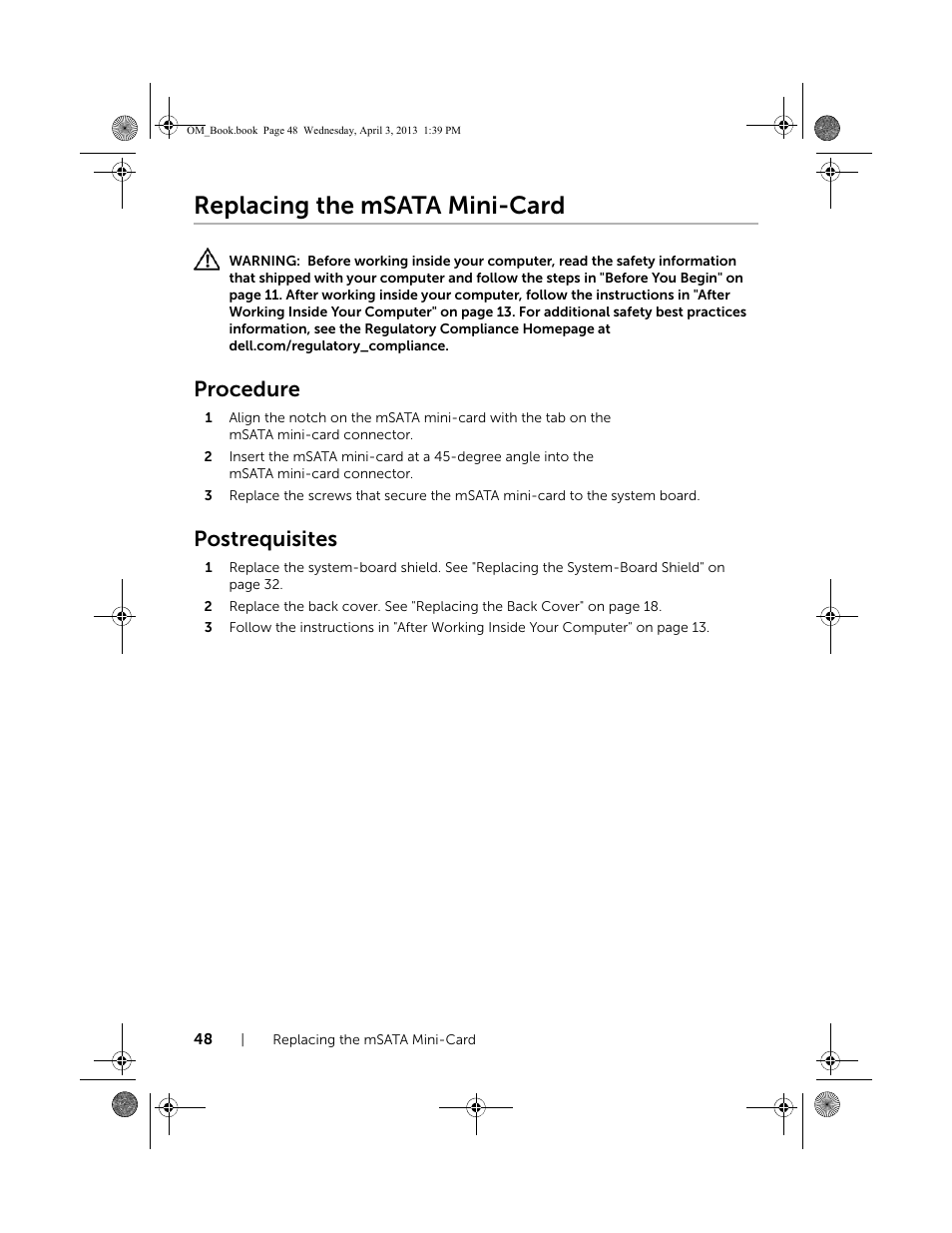 Replacing the msata mini-card, Procedure, Postrequisites | Dell XPS One 2720 (Mid 2013) User Manual | Page 48 / 117