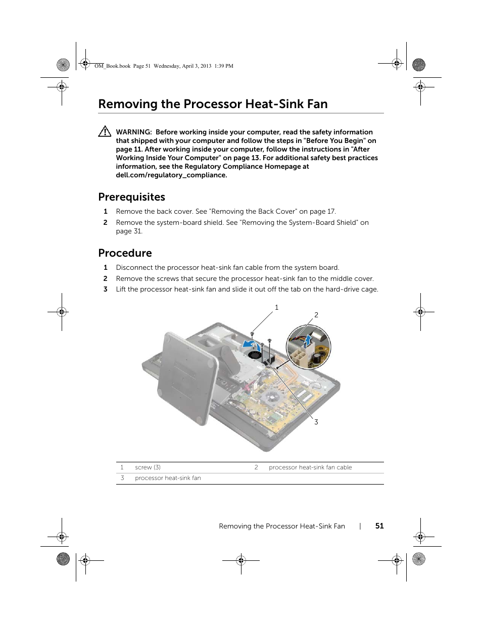 Removing the processor heat-sink fan, Prerequisites, Procedure | Dell XPS One 2720 (Mid 2013) User Manual | Page 51 / 117