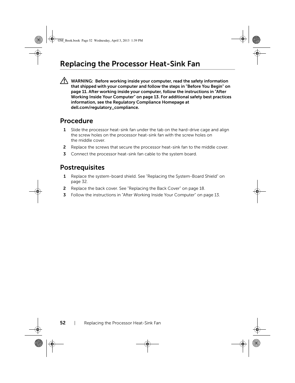 Replacing the processor heat-sink fan, Procedure, Postrequisites | Dell XPS One 2720 (Mid 2013) User Manual | Page 52 / 117