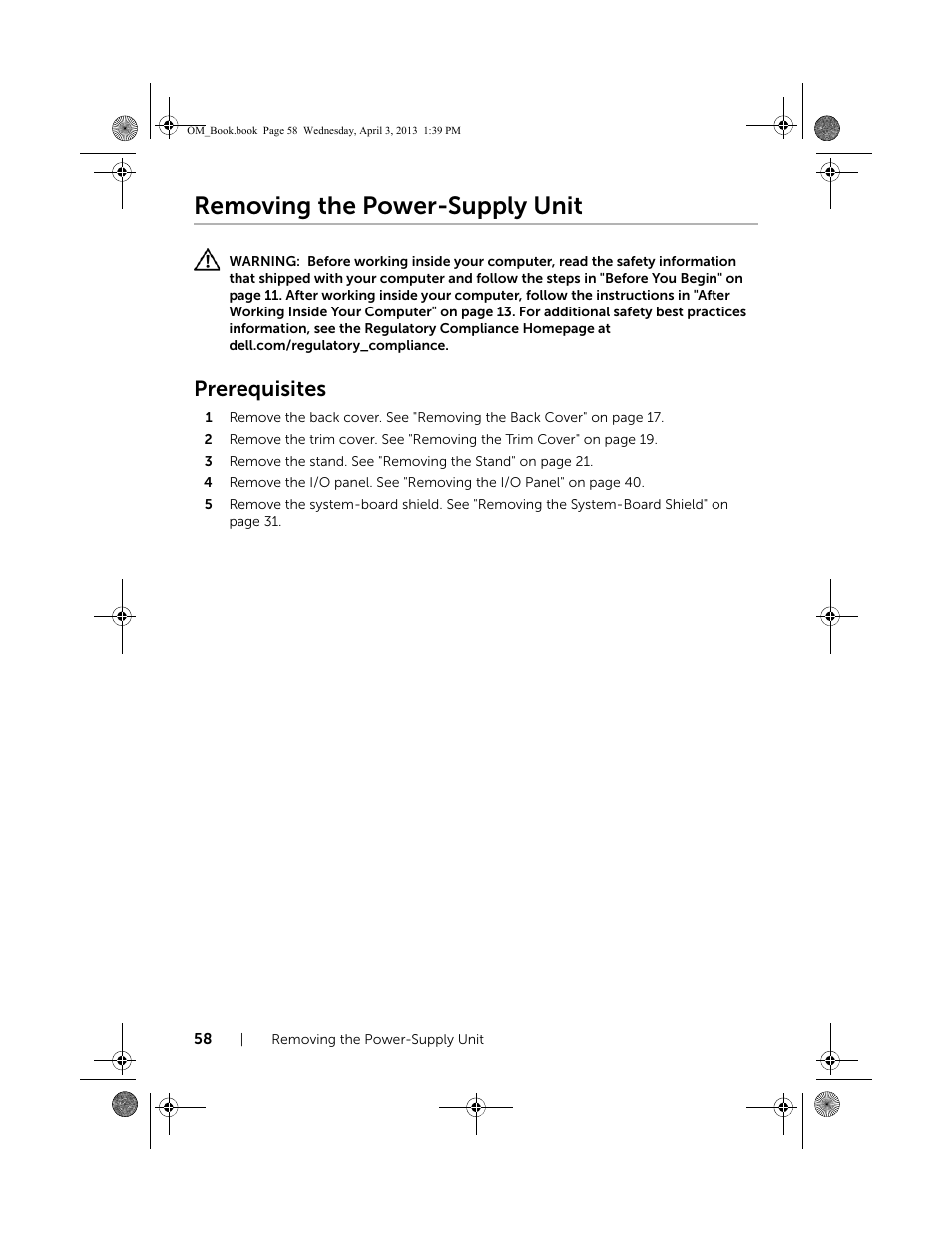 Removing the power-supply unit, Prerequisites | Dell XPS One 2720 (Mid 2013) User Manual | Page 58 / 117