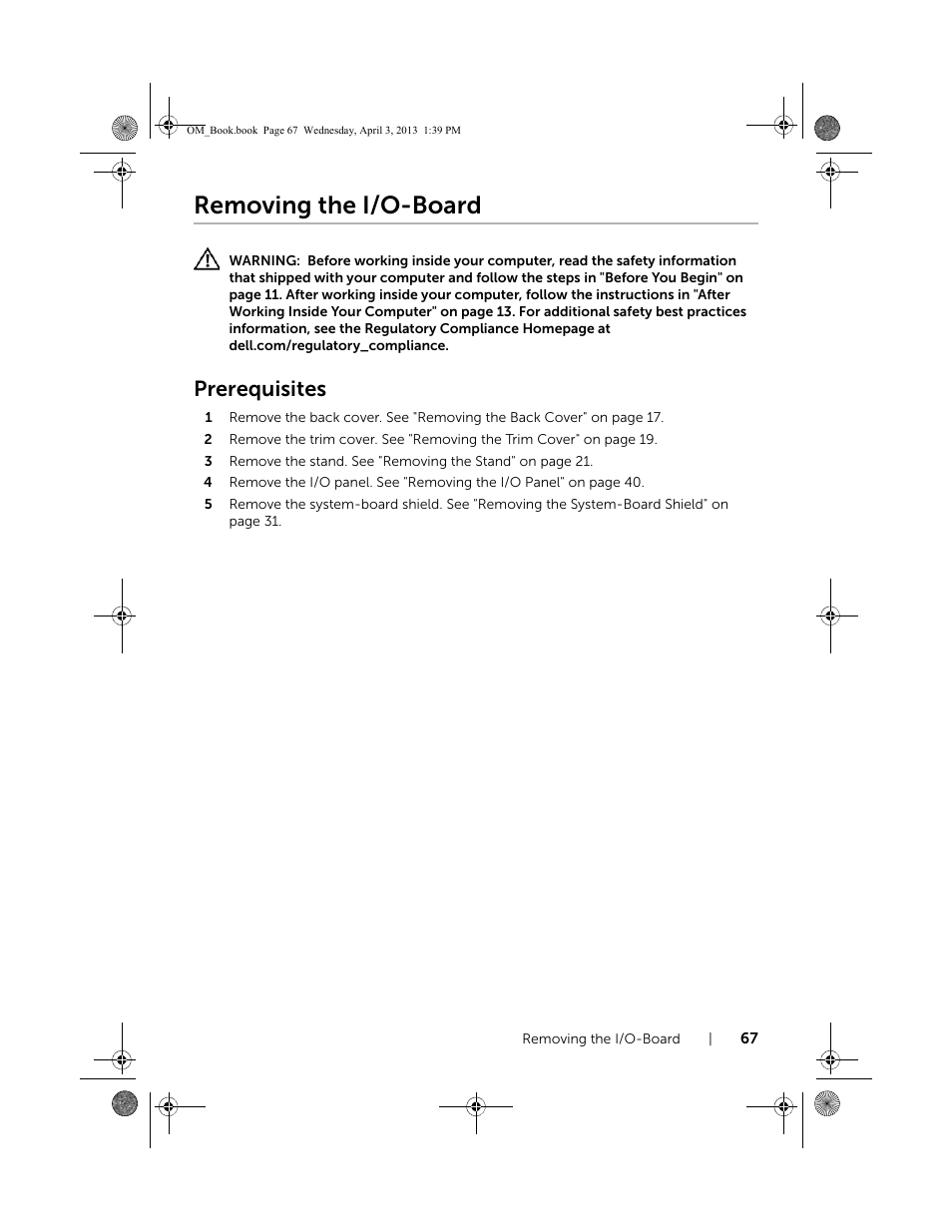 Removing the i/o-board, Prerequisites | Dell XPS One 2720 (Mid 2013) User Manual | Page 67 / 117