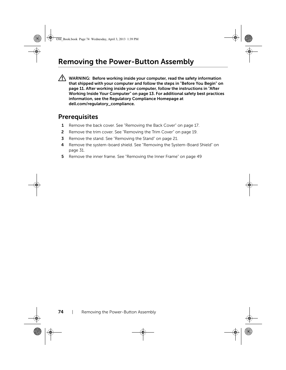 Removing the power-button assembly, Prerequisites | Dell XPS One 2720 (Mid 2013) User Manual | Page 74 / 117