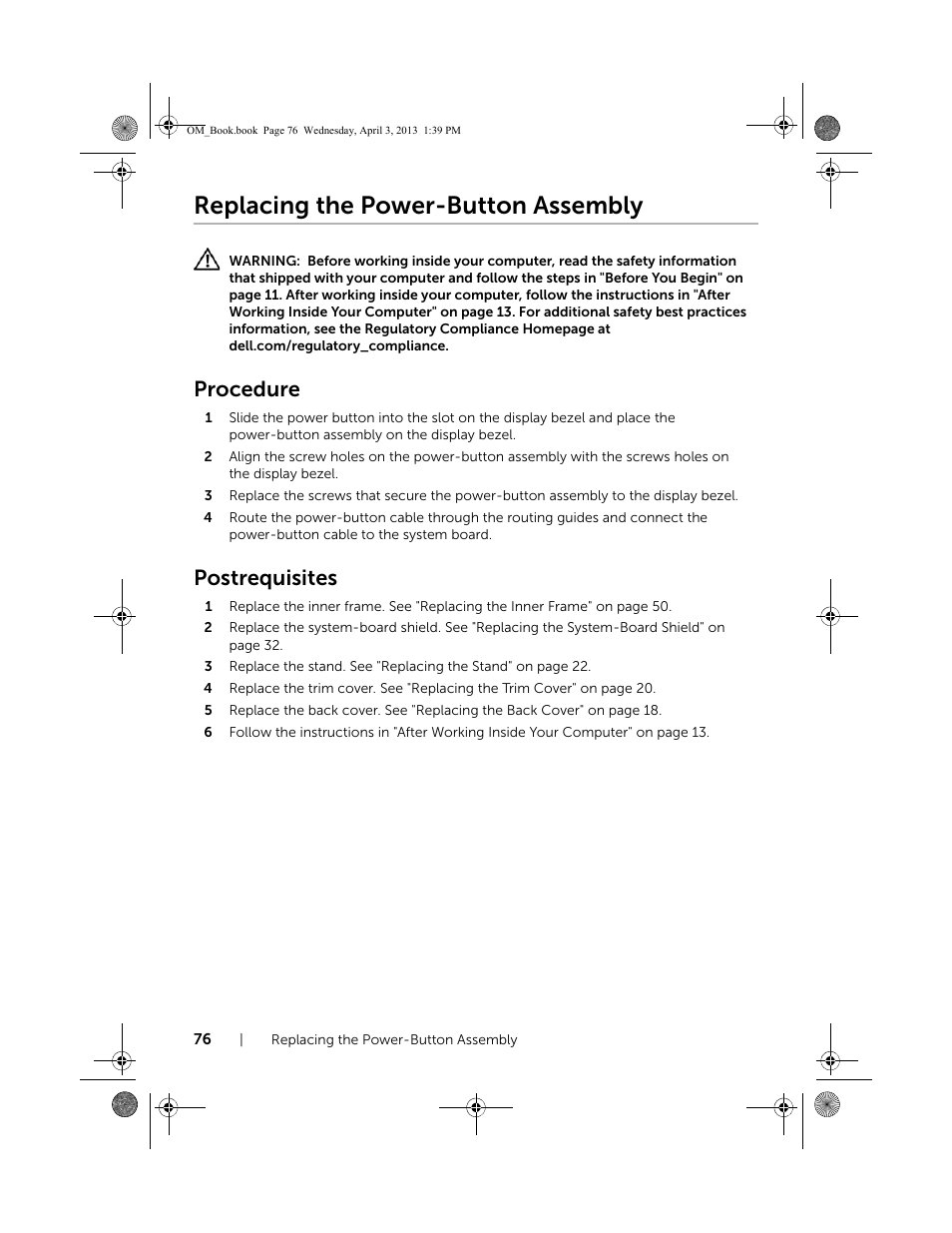 Replacing the power-button assembly, Procedure, Postrequisites | Dell XPS One 2720 (Mid 2013) User Manual | Page 76 / 117