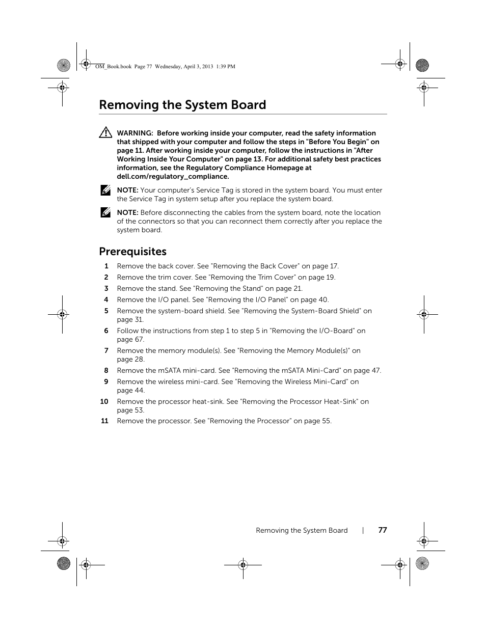 Removing the system board, Prerequisites | Dell XPS One 2720 (Mid 2013) User Manual | Page 77 / 117