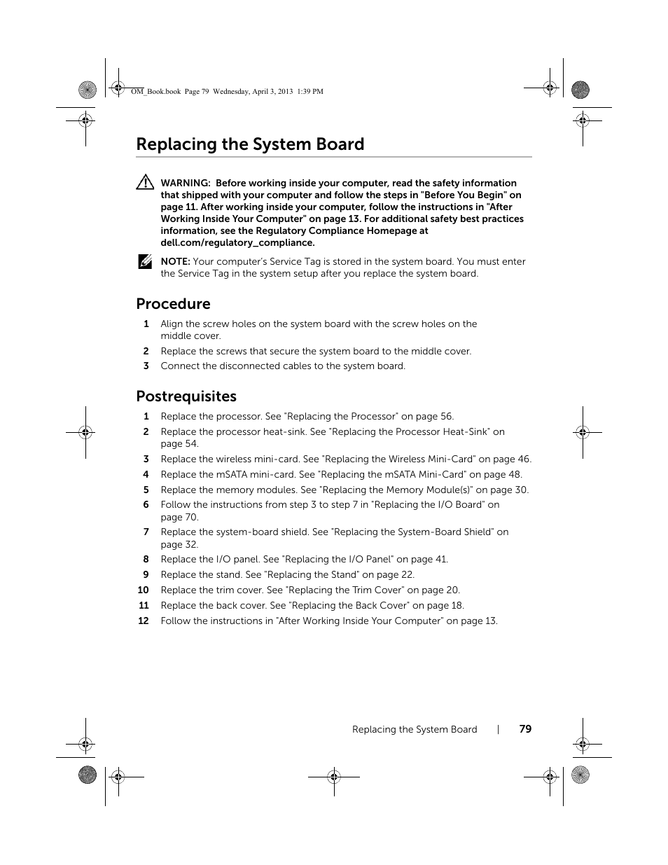 Replacing the system board, Procedure, Postrequisites | Dell XPS One 2720 (Mid 2013) User Manual | Page 79 / 117