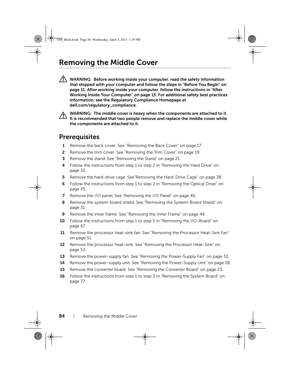 Removing the middle cover, Prerequisites | Dell XPS One 2720 (Mid 2013) User Manual | Page 84 / 117