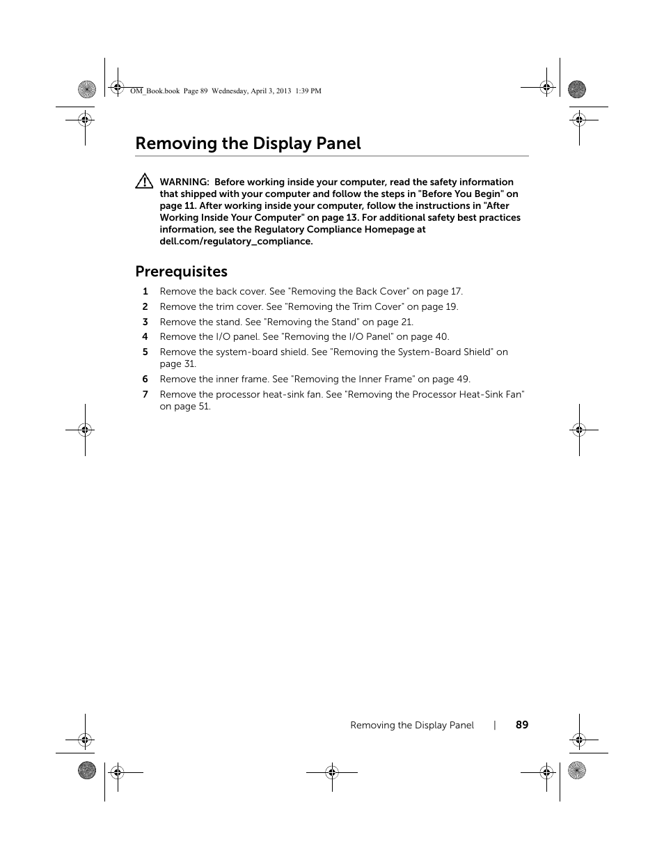 Removing the display panel, Prerequisites | Dell XPS One 2720 (Mid 2013) User Manual | Page 89 / 117