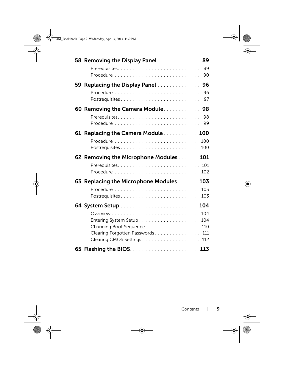 58 removing the display panel, 59 replacing the display panel, 60 removing the camera module | 61 replacing the camera module, 62 removing the microphone modules, 63 replacing the microphone modules, 64 system setup, 65 flashing the bios | Dell XPS One 2720 (Mid 2013) User Manual | Page 9 / 117