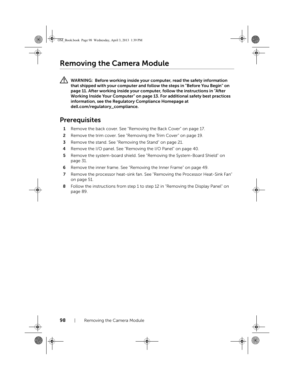 Removing the camera module, Prerequisites | Dell XPS One 2720 (Mid 2013) User Manual | Page 98 / 117