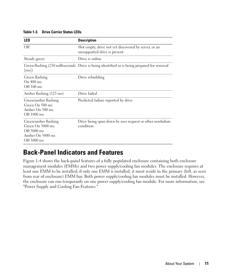 Back-panel indicators and features, D. table 1-3 | Dell POWERVAULT MD1000 User Manual | Page 11 / 64