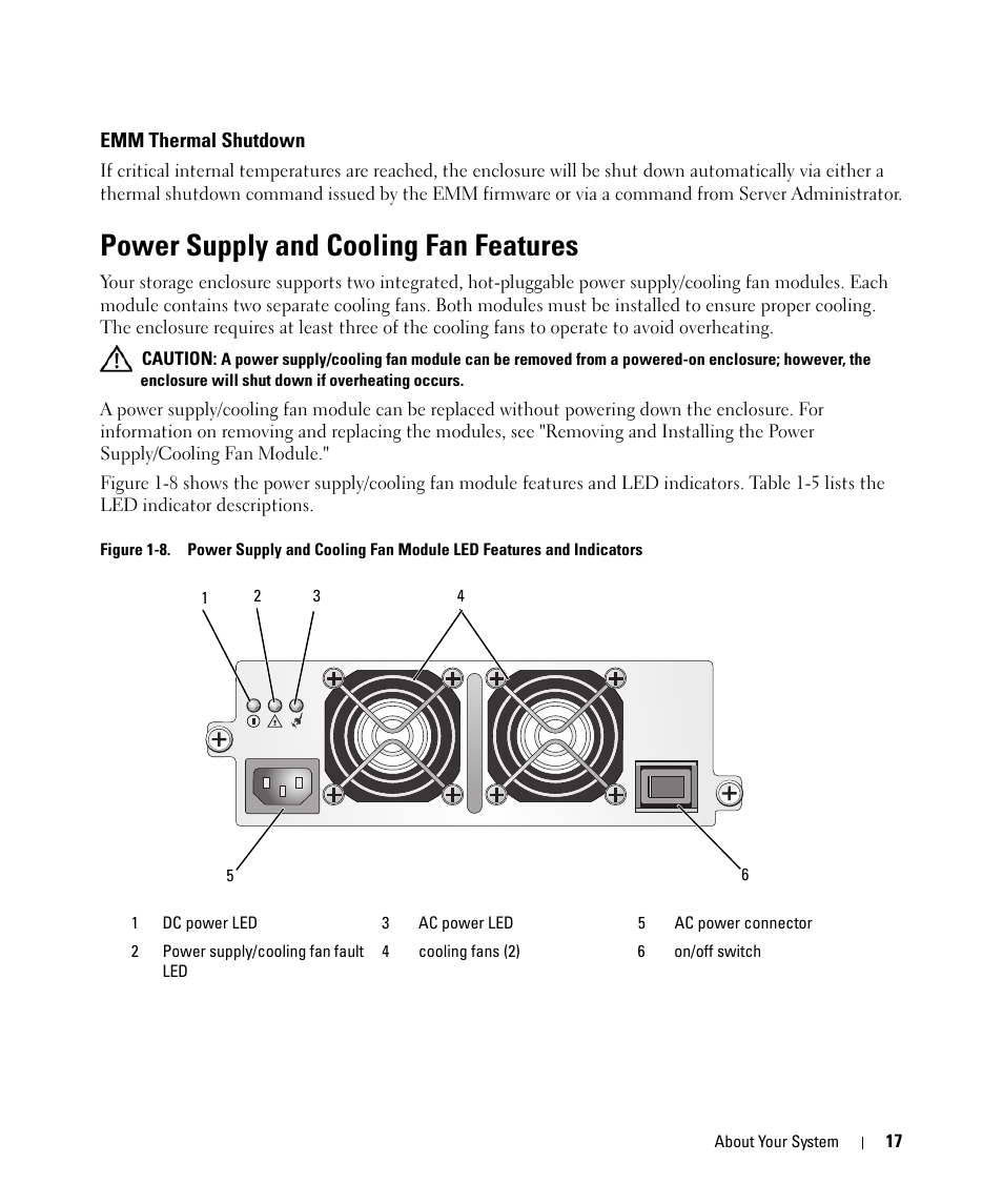 Emm thermal shutdown, Power supply and cooling fan features | Dell POWERVAULT MD1000 User Manual | Page 17 / 64