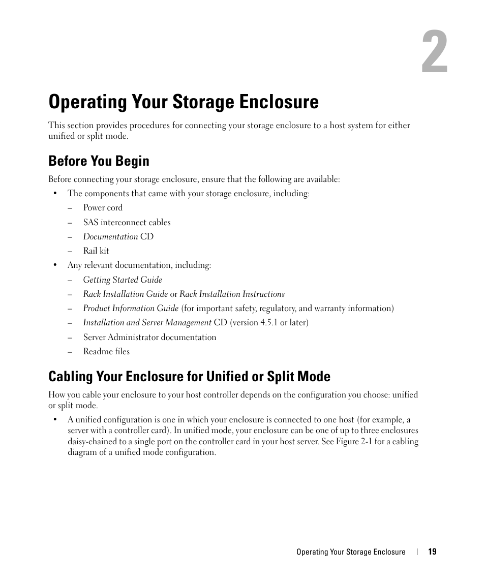 Operating your storage enclosure, Before you begin, Cabling your enclosure for unified or split mode | 2 operating your storage enclosure | Dell POWERVAULT MD1000 User Manual | Page 19 / 64