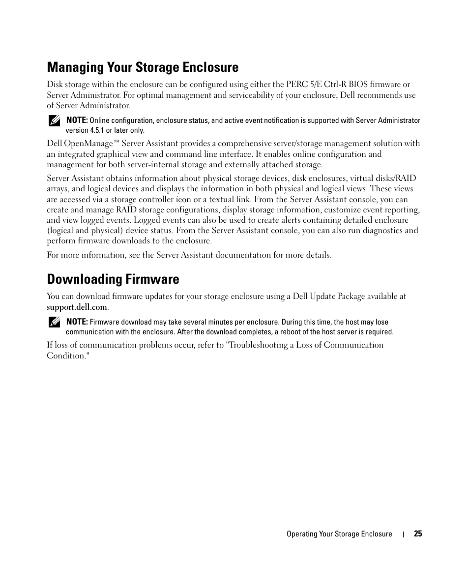 Managing your storage enclosure, Downloading firmware | Dell POWERVAULT MD1000 User Manual | Page 25 / 64