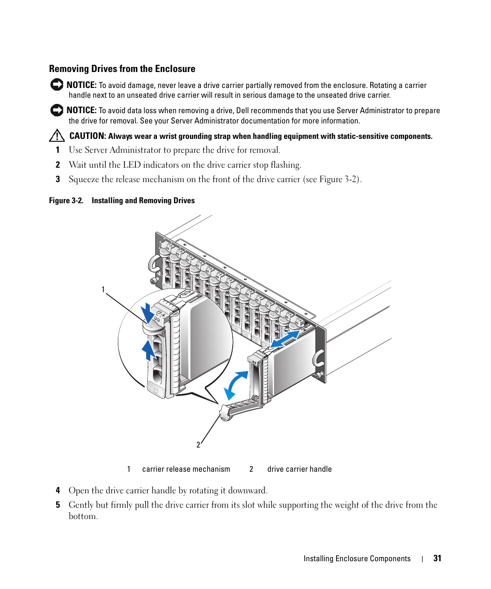 Removing drives from the enclosure | Dell POWERVAULT MD1000 User Manual | Page 29 / 64