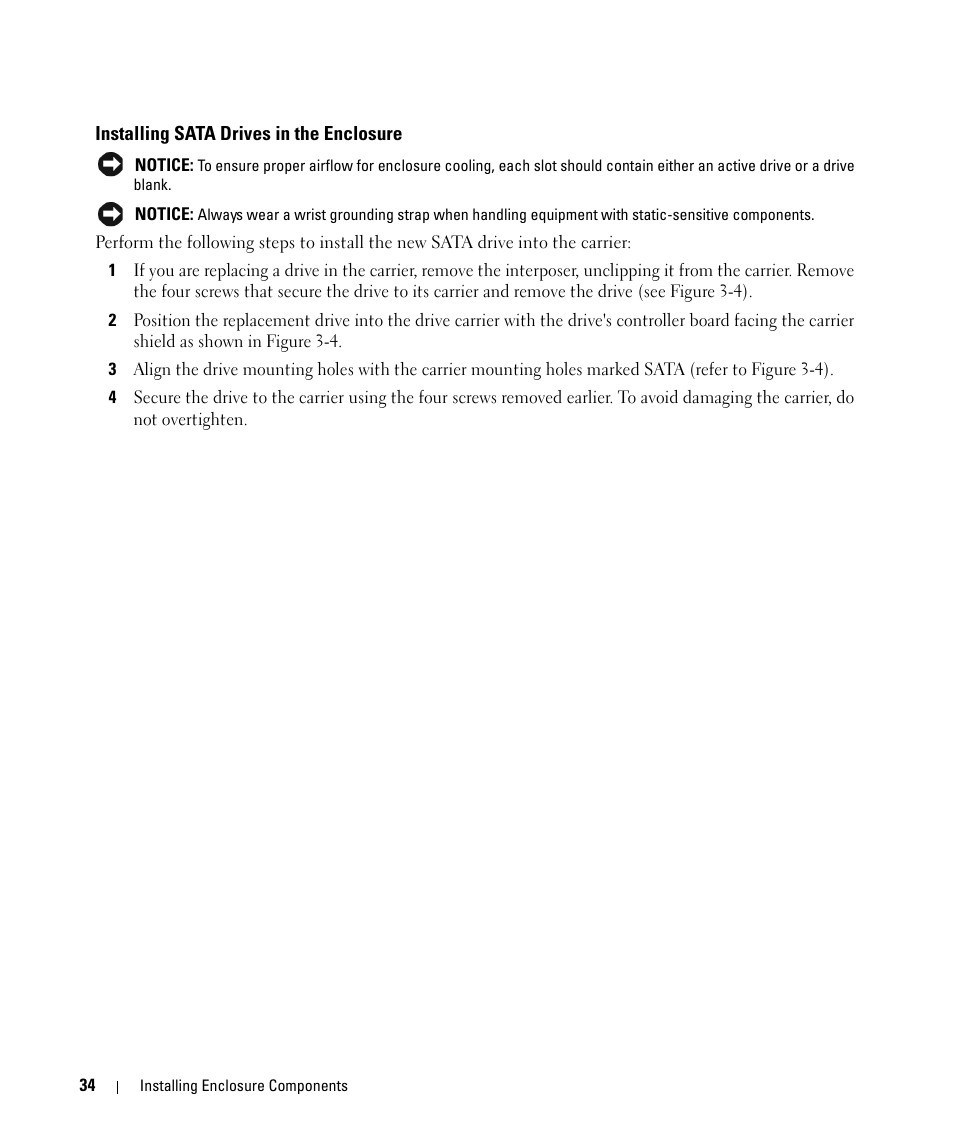 Installing sata drives in the enclosure | Dell POWERVAULT MD1000 User Manual | Page 32 / 64