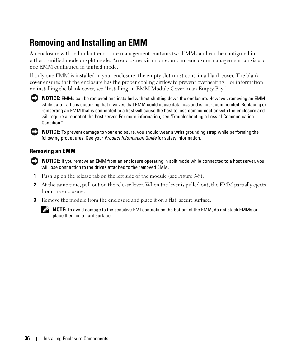 Removing and installing an emm, Removing an emm, Removing and installing an emm"). emm conn | Dell POWERVAULT MD1000 User Manual | Page 34 / 64