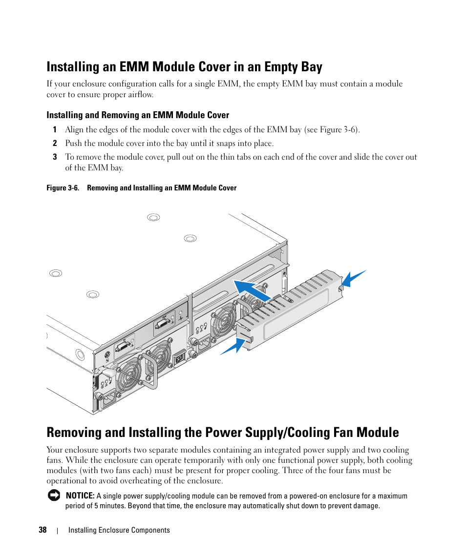 Installing an emm module cover in an empty bay, Installing and removing an emm module cover, E "removing and installing the power | Supply/cooling fan module, E "installing an emm module cover in an empty bay | Dell POWERVAULT MD1000 User Manual | Page 36 / 64