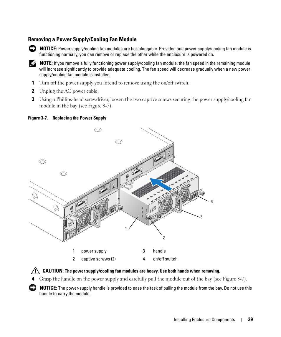 Removing a power supply/cooling fan module | Dell POWERVAULT MD1000 User Manual | Page 37 / 64