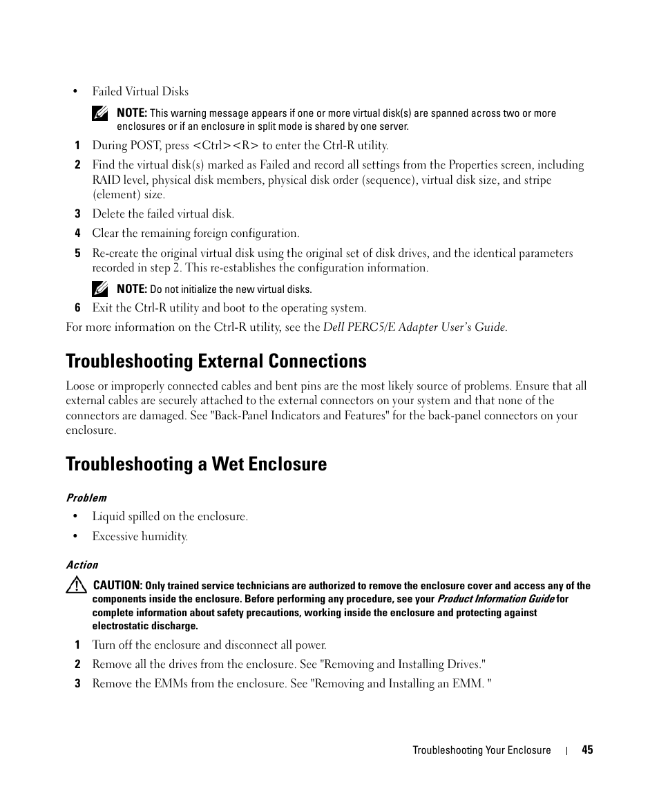 Troubleshooting external connections, Troubleshooting a wet enclosure | Dell POWERVAULT MD1000 User Manual | Page 45 / 64