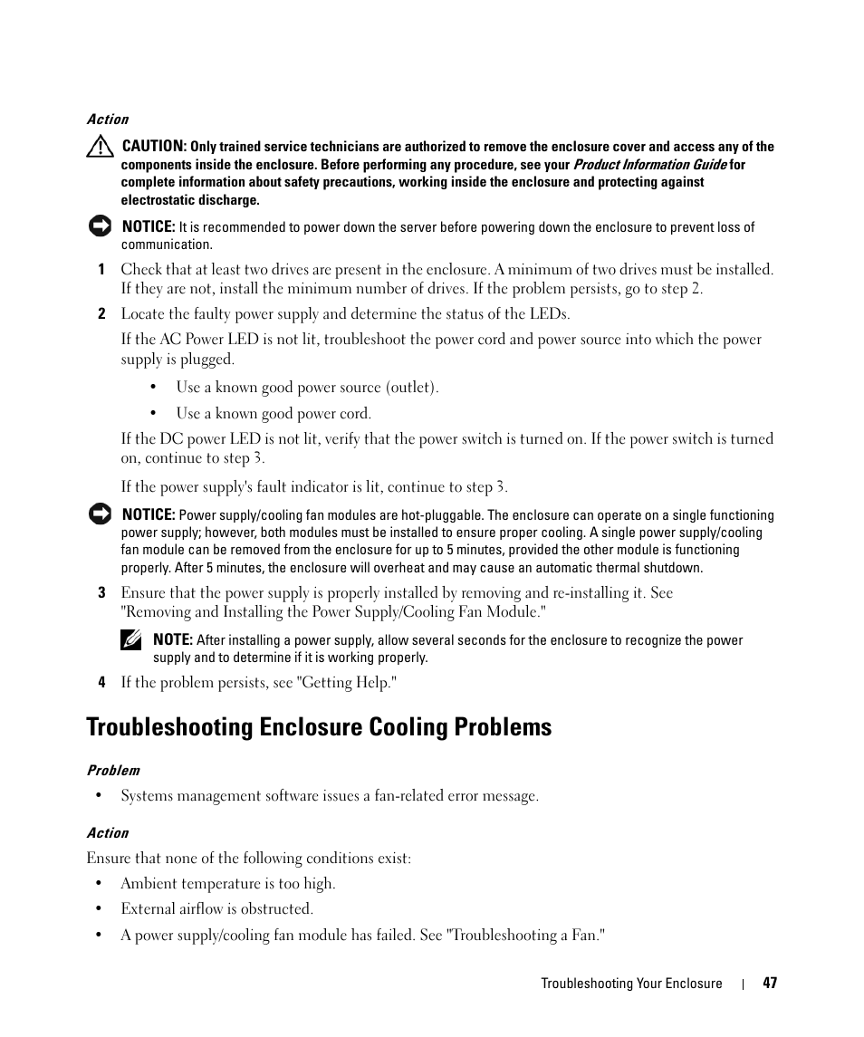 Troubleshooting enclosure cooling problems | Dell POWERVAULT MD1000 User Manual | Page 47 / 64