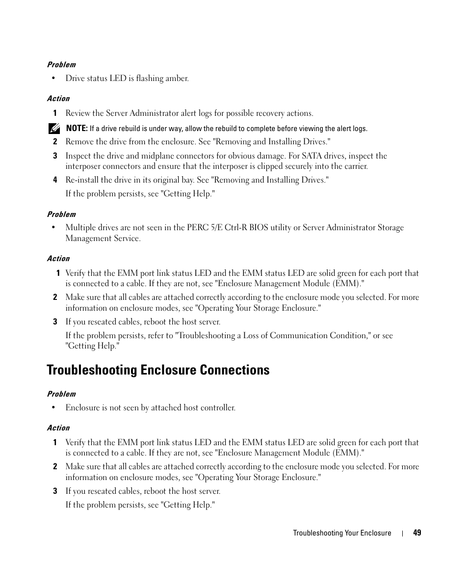 Troubleshooting enclosure connections | Dell POWERVAULT MD1000 User Manual | Page 49 / 64