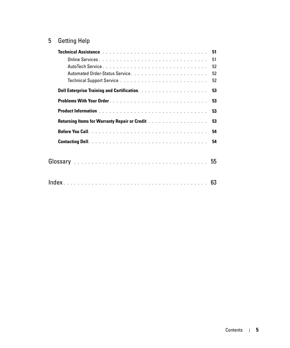 5 getting help, Glossary, 55 index | Dell POWERVAULT MD1000 User Manual | Page 5 / 64