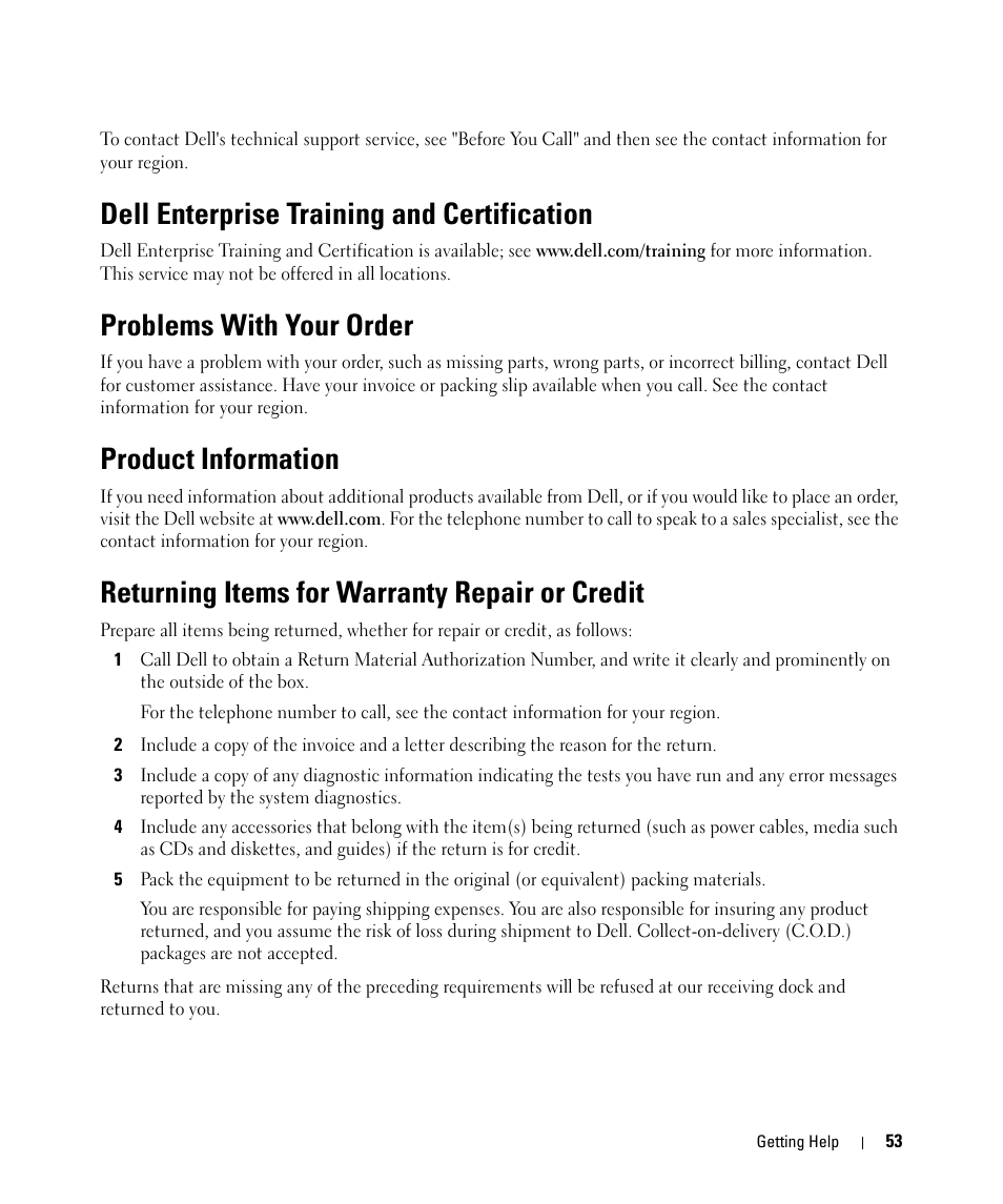 Dell enterprise training and certification, Problems with your order, Product information | Returning items for warranty repair or credit | Dell POWERVAULT MD1000 User Manual | Page 53 / 64