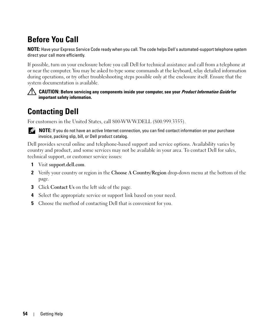 Before you call, Contacting dell, D "before you | Call | Dell POWERVAULT MD1000 User Manual | Page 54 / 64