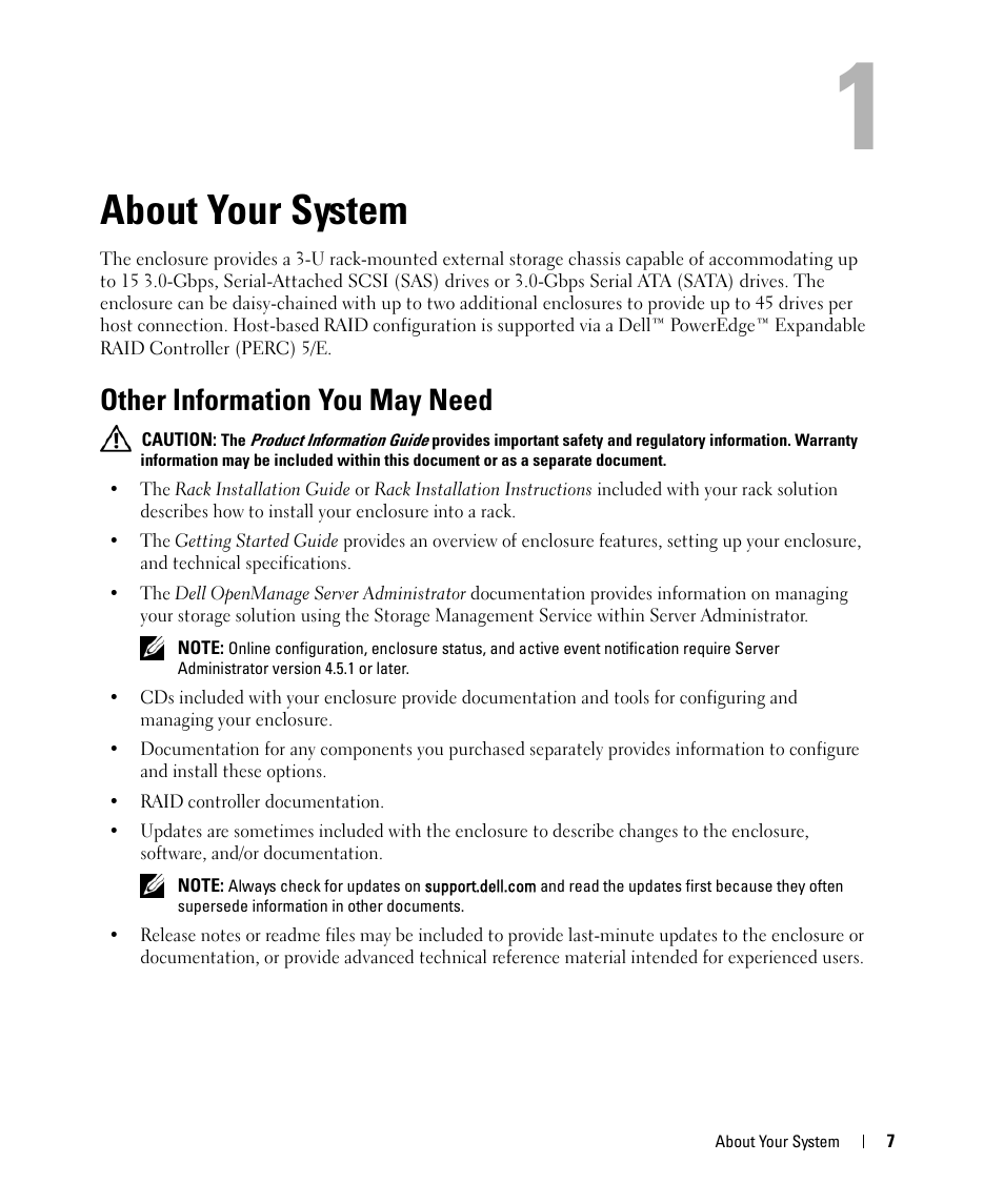 About your system, Other information you may need, 1 about your system | Dell POWERVAULT MD1000 User Manual | Page 7 / 64