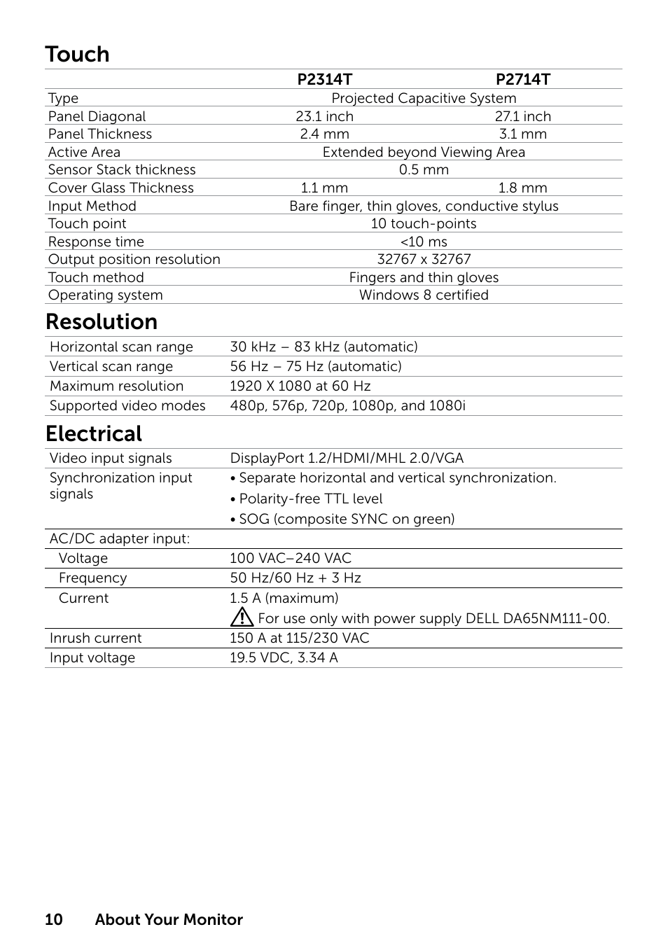 Touch, Resolution, Electrical | Dell P2314T Multi Touch Monitor with LED User Manual | Page 10 / 52