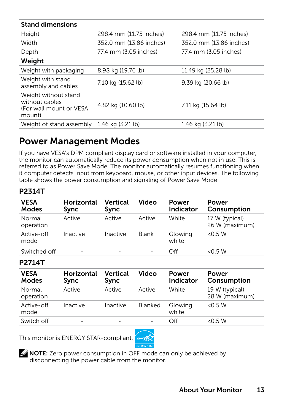 Power management modes | Dell P2314T Multi Touch Monitor with LED User Manual | Page 13 / 52