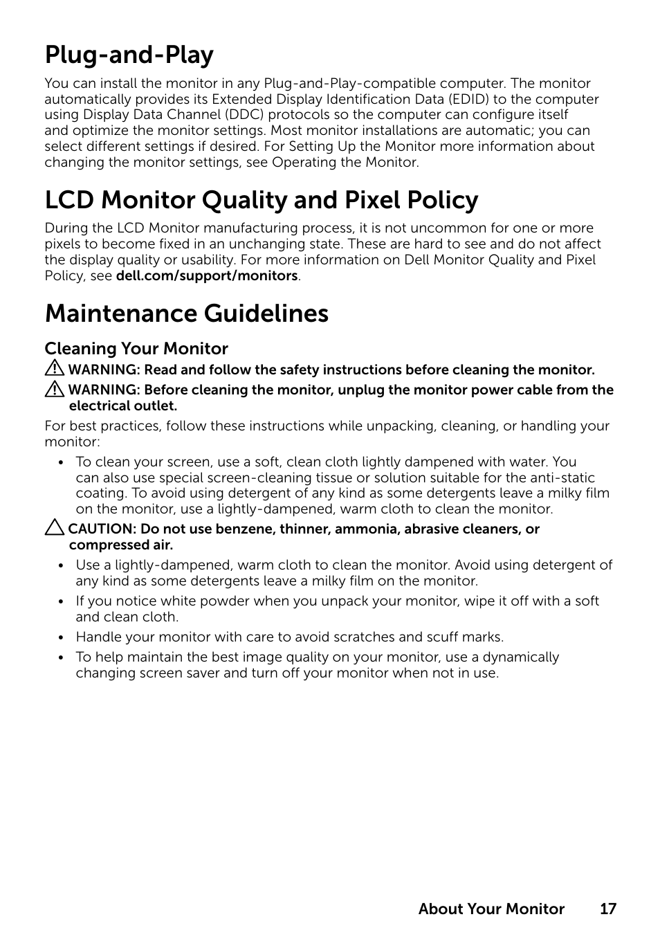 Plug-and-play, Lcd monitor quality and pixel policy, Maintenance guidelines | Dell P2314T Multi Touch Monitor with LED User Manual | Page 17 / 52
