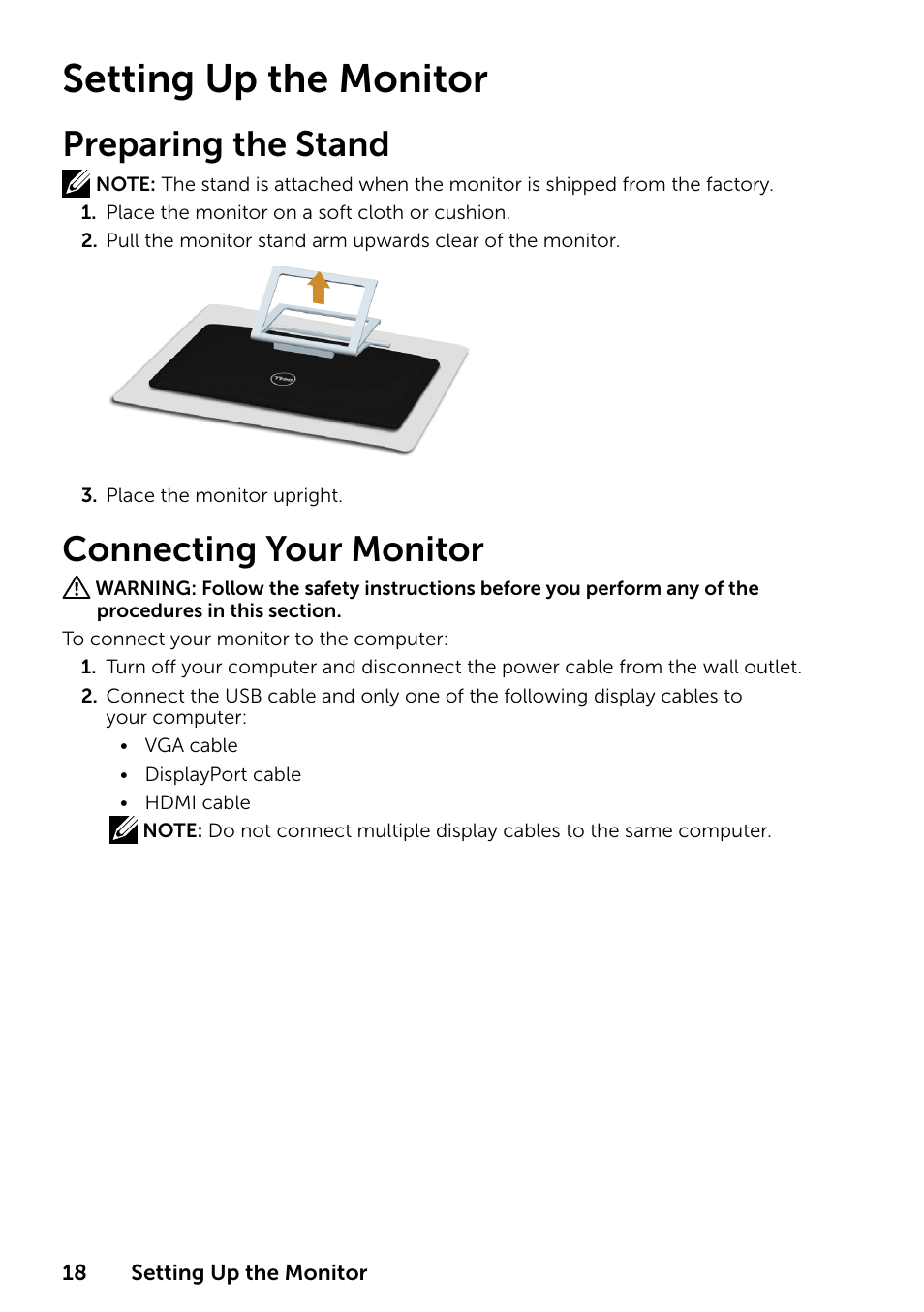 Setting up the monitor, Preparing the stand, Connecting your monitor | Dell P2314T Multi Touch Monitor with LED User Manual | Page 18 / 52